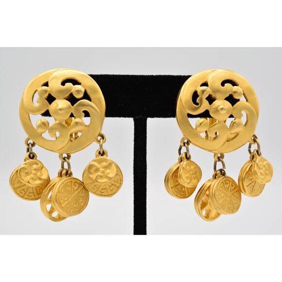Givenchy Vintage Coin Clip On Earrings Brushed Gold Logo Etruscan Signed BinQ - Picture 1 of 12